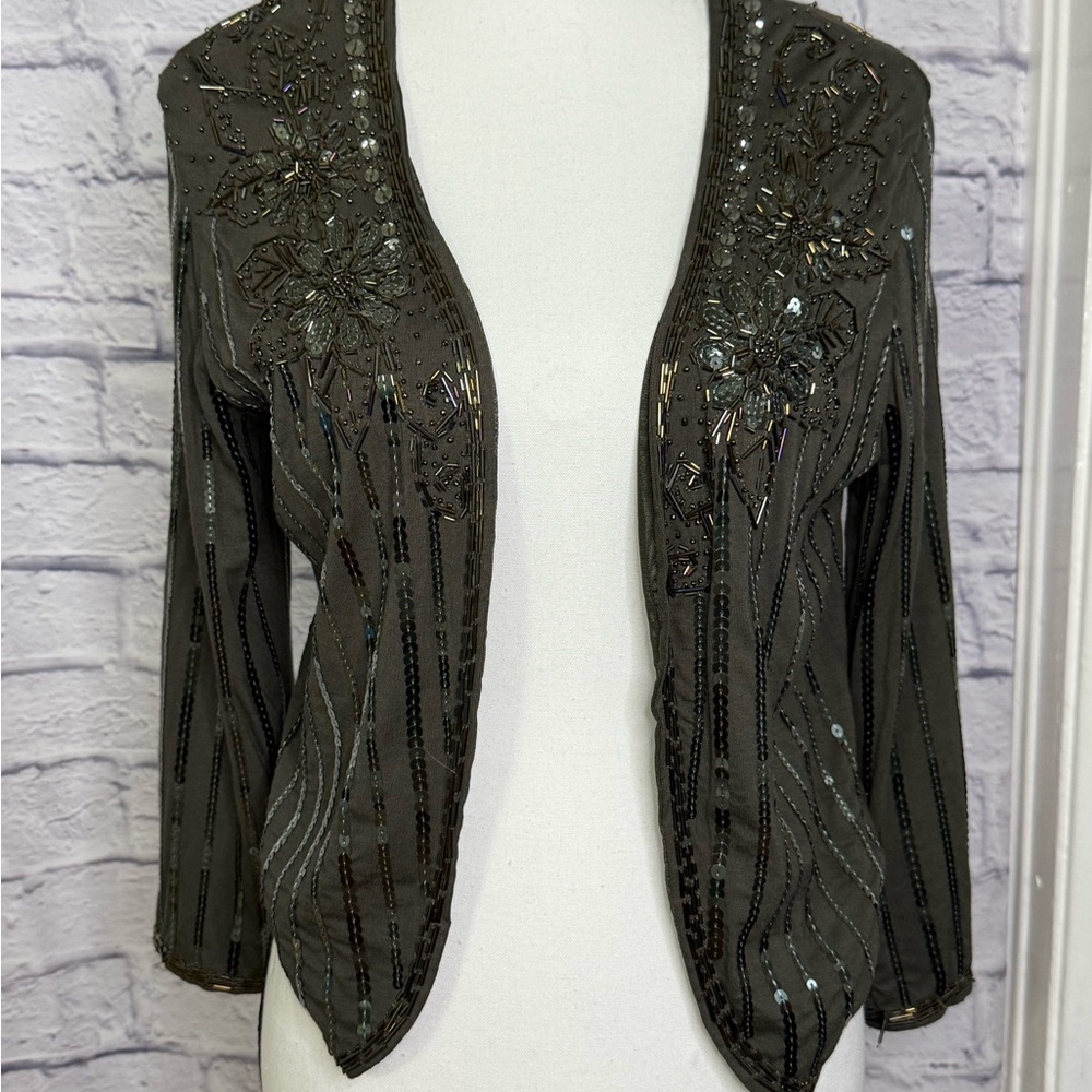 Black Embellished Sequin Beaded Bolero Crop Jacket Large Holiday Party Cocktail